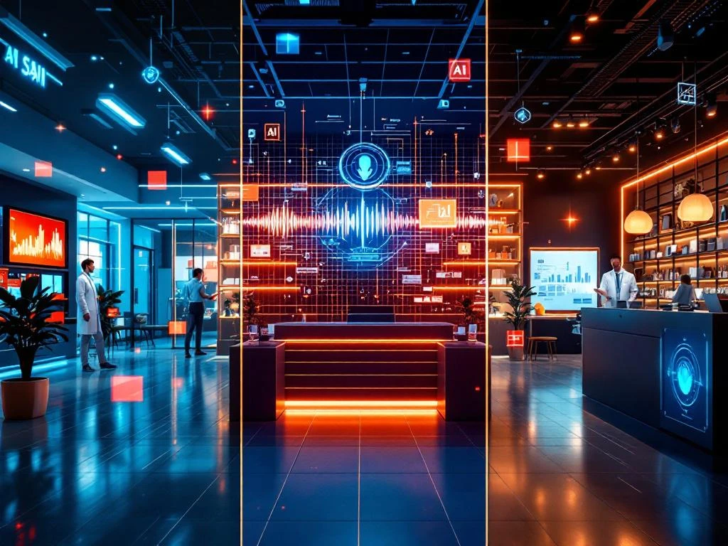 Voice AI technology applications across healthcare, customer service, and retail sectors with holographic interfaces and data visualizations in blue and orange