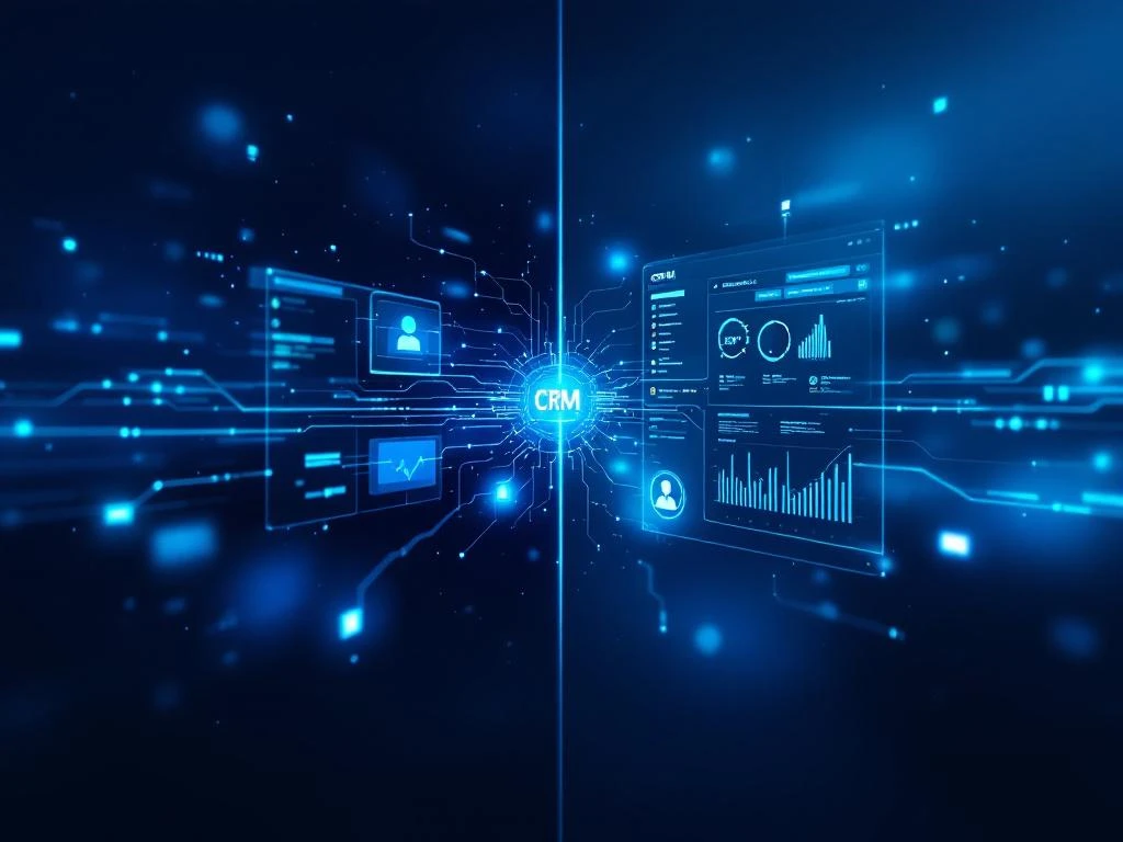 Chatbot interface verbonden met CRM dashboard via blauwe datastromen en verlicht integratiepunt in hightech omgeving
