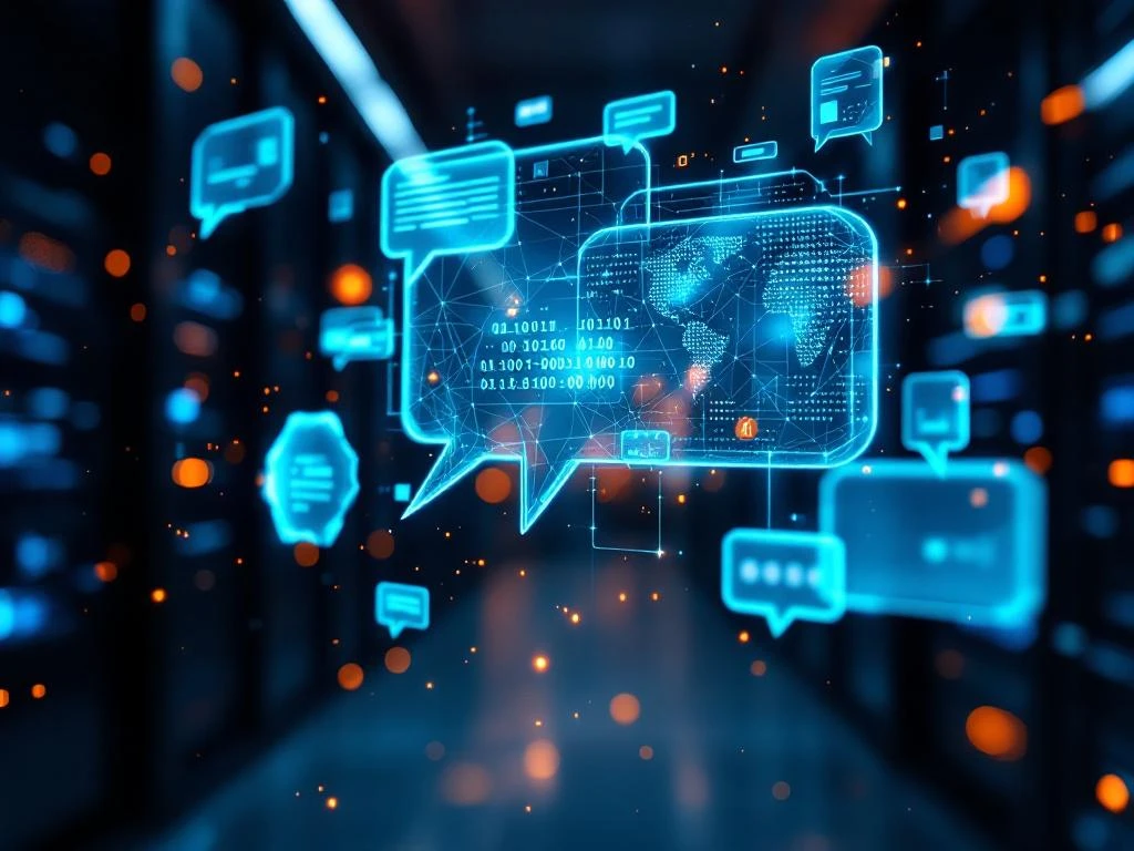 Holografische chatbot interface zweeft in serverruimte, opgebouwd uit blauwe geometrische vormen met datastroom en binaire code