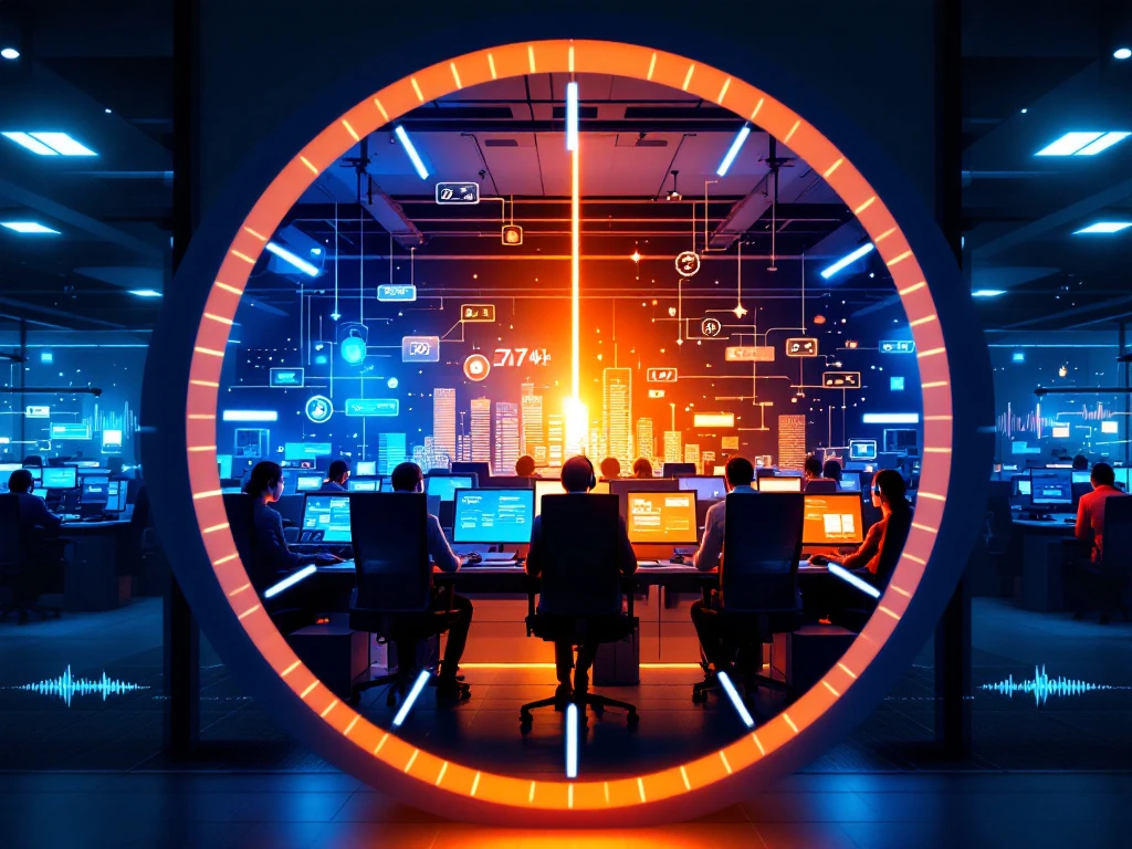 24/7 klantenservice centrum in een klok-frame, met medewerkers die dag en nacht werken onder blauwe en oranje verlichting, verbonden door digitale netwerkelementen.