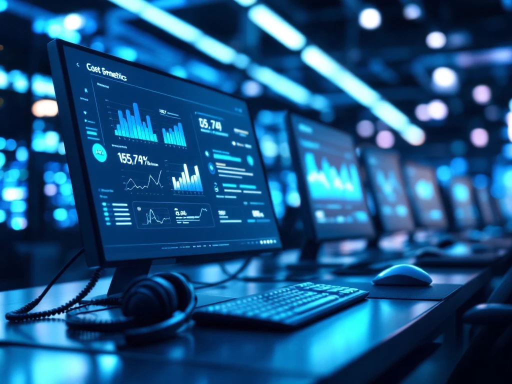 Modern klantenservicecentrum met werkstations, digitale kostenanalyses, headset en 24/7 dashboard, tegen een achtergrond van servers in blauw-witte verlichting.