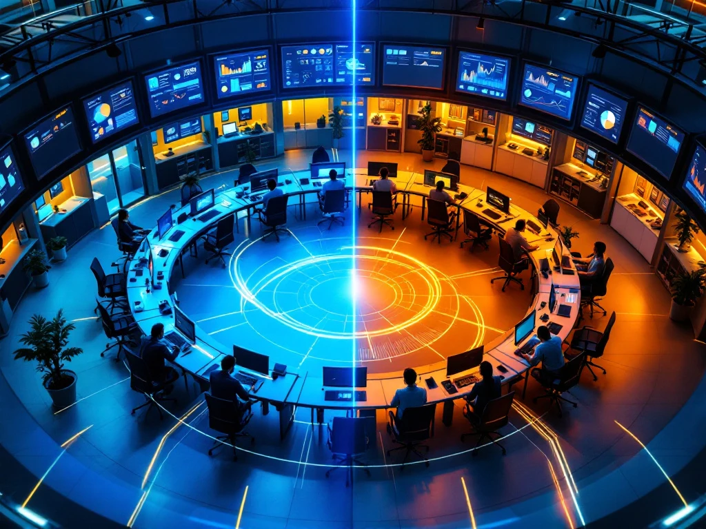 Modern 24/7 klantenservicecentrum met cirkelvormige werkplekken, dag- en nachtverlichting, prestatieschermen en Sound of Data-kleuren die datastromen verbinden.