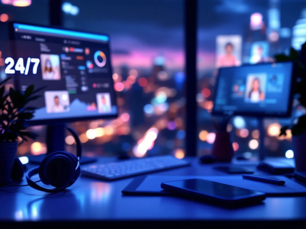 Modern klantenservicecentrum bij nacht met 24/7 ondersteuningsschermen, Sound of Data kleuren, en professionele headset naast smartphone met actieve supportchat.