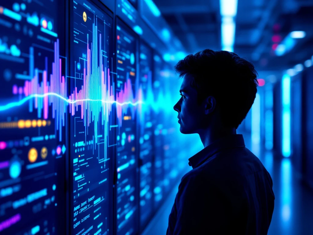 Futuristische klantenservicecentrum met gloeiende blauwe stembot-interface die emoties analyseert via kleurcodes, terwijl een persoon ermee communiceert tegen een achtergrond van servers.