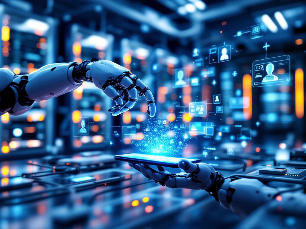 Futuristisch klantenservicecentrum met holografische interfaces, AI-chatbots en een robotarm die reikt naar een smartphone, omgeven door servers en digitale verbindingen.