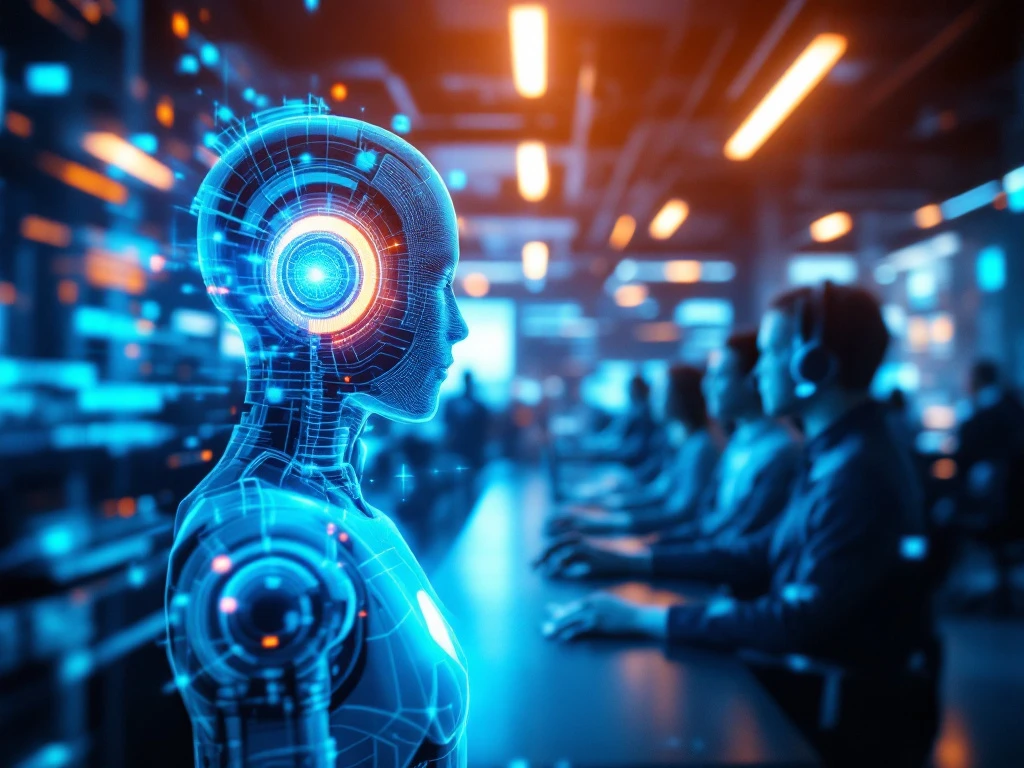 Futuristische klantenservice met holografische spraakbot die naadloos overgaat naar menselijke medewerkers in een hightech telecommunicatieomgeving met Sound of Data kleuren.