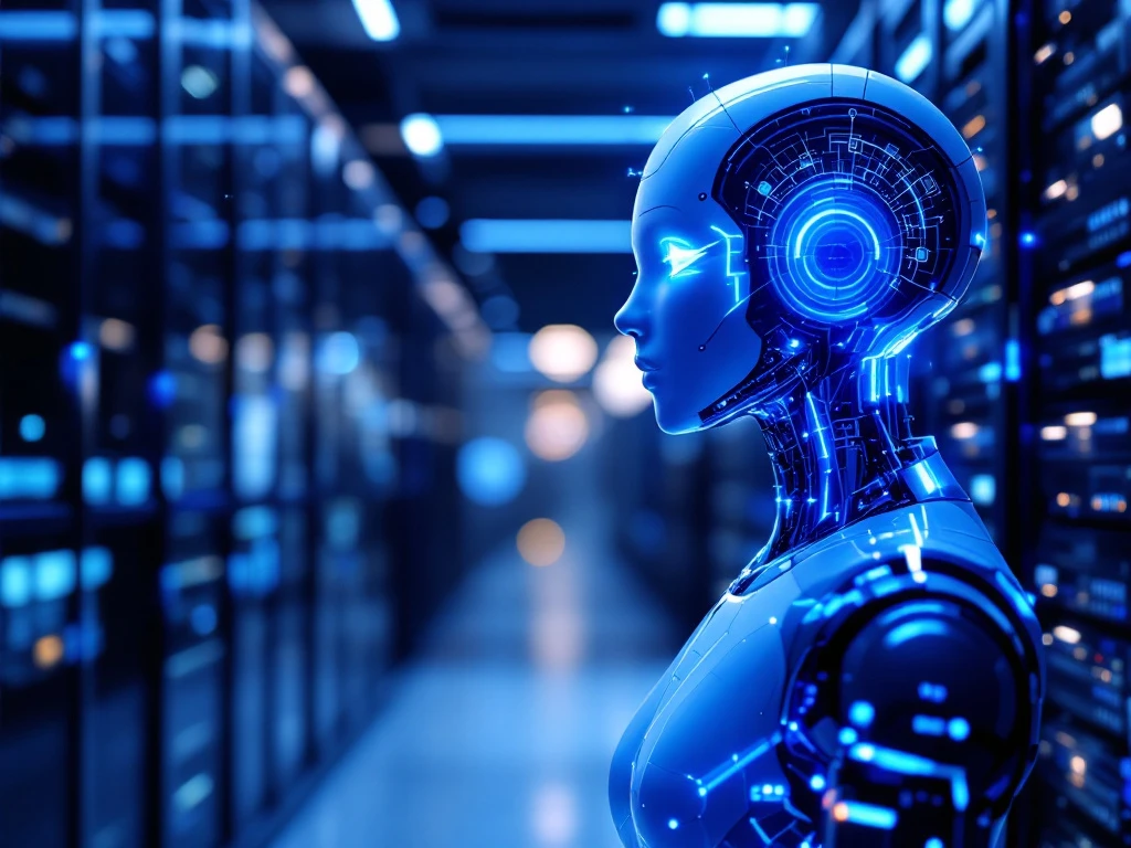 Geavanceerde AI-spraakbot met geluidsgolven in modern callcenter, omgeven door telecommunicatieapparatuur en serverracks in blauw verlichte technologische omgeving.