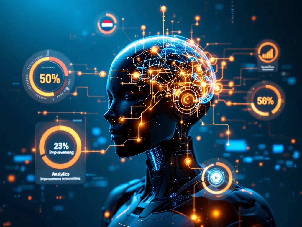 Futuristisch robotbrein met blauwe en oranje neurale paden, verbonden aan feedbackkanalen en omringd door Nederlandse datavisualisaties en holografische analyses.