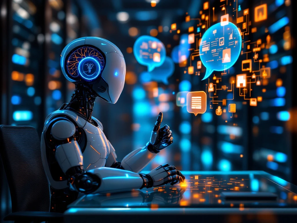 Humanoïde robot met gloeiende blauwe neurale paden analyseert zwevende holografische gespreksbellen aan glazen bureau