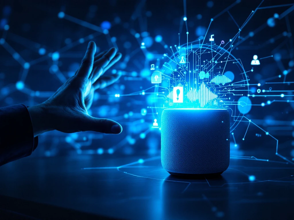 Gefrustreerde persoon gebaart verward naar een slimme speaker met foutmeldingen, omgeven door verstoorde geluidsgolven en een beschadigd digitaal netwerk in blauw licht.