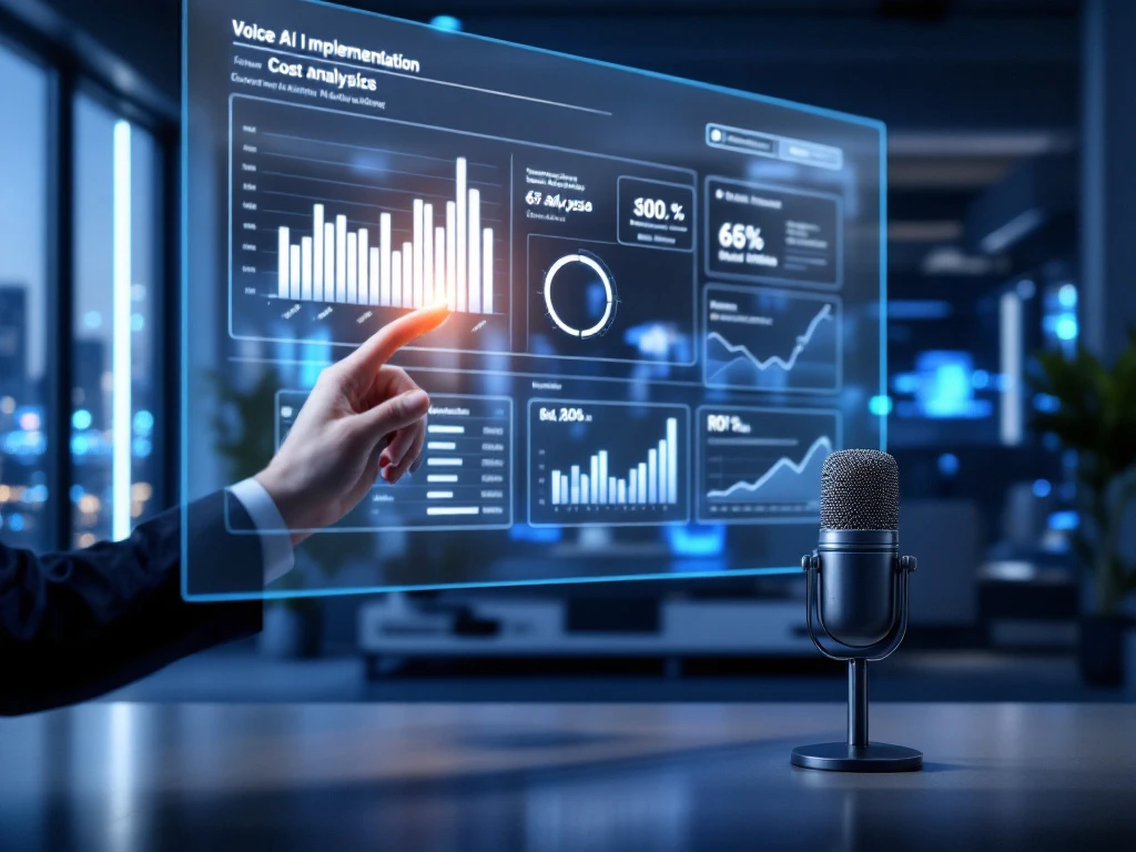 Futuristische spraak-AI-dashboard op transparant scherm met kostenanalyse en ROI-grafieken, telecommunicatieapparatuur en microfoonsysteem in moderne kantooromgeving.