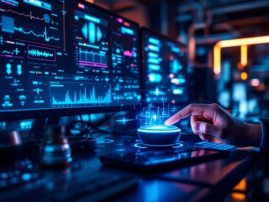 Technicus repareert futuristisch spraak-AI-apparaat met holografische tools in een hightech werkplaats met servers en diagnostische schermen.