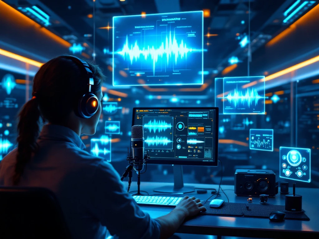 Persoon in futuristisch geluidsstudio met AI-apparatuur, holografische geluidsgolven en neurale netwerkdiagrammen onder blauw-oranje verlichting.
