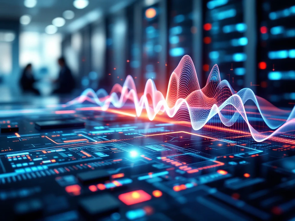 Futuristische geluidsgolf uit AI-interface met digitale beperkingen op een Nederlands telecommunicatiepaneel in blauw-zilver tinten tegen een professionele callcenterachtergrond.