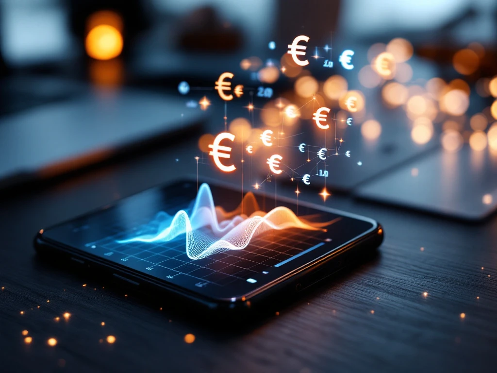 Moderne smartphone met geluidsgolf-visualisatie en zwevende eurosymbolen, omgeven door AI-netwerken in een professionele bureauomgeving