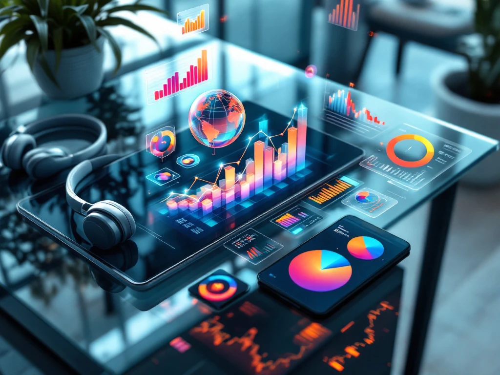 Moderne glazen bureau met digitale apparaten die kleurrijke analytics dashboards tonen, zwevende holografische datavisualisaties