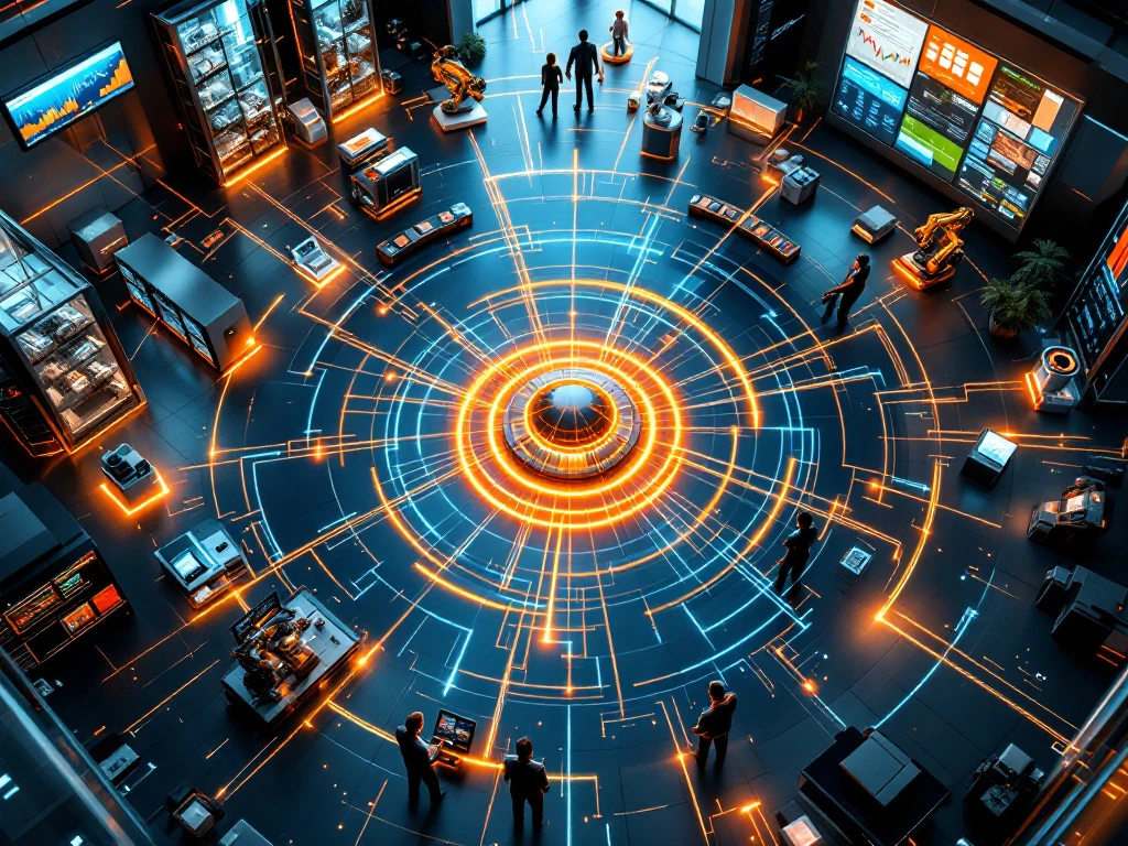 Moderne kantooromgeving met geautomatiseerde datastromen die retail, industrie, medische en financiële sectoren verbinden