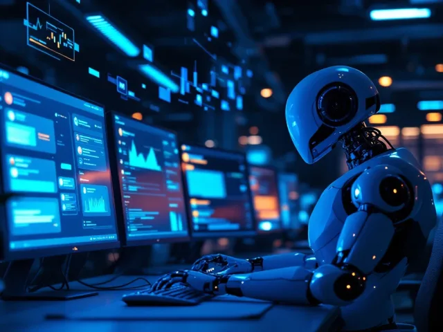 Robotarm bedient toetsenbord in modern kantoor met blauwe schermen die klantenservice dashboards tonen, verlicht door LED