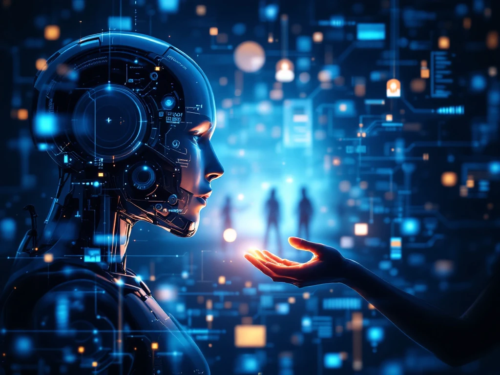 Geavanceerd automatiseringssysteem dat geleidelijk overgaat in menselijke silhouetten, met technologie en menselijke elementen die samenkomen in een gebalanceerde visualisatie.