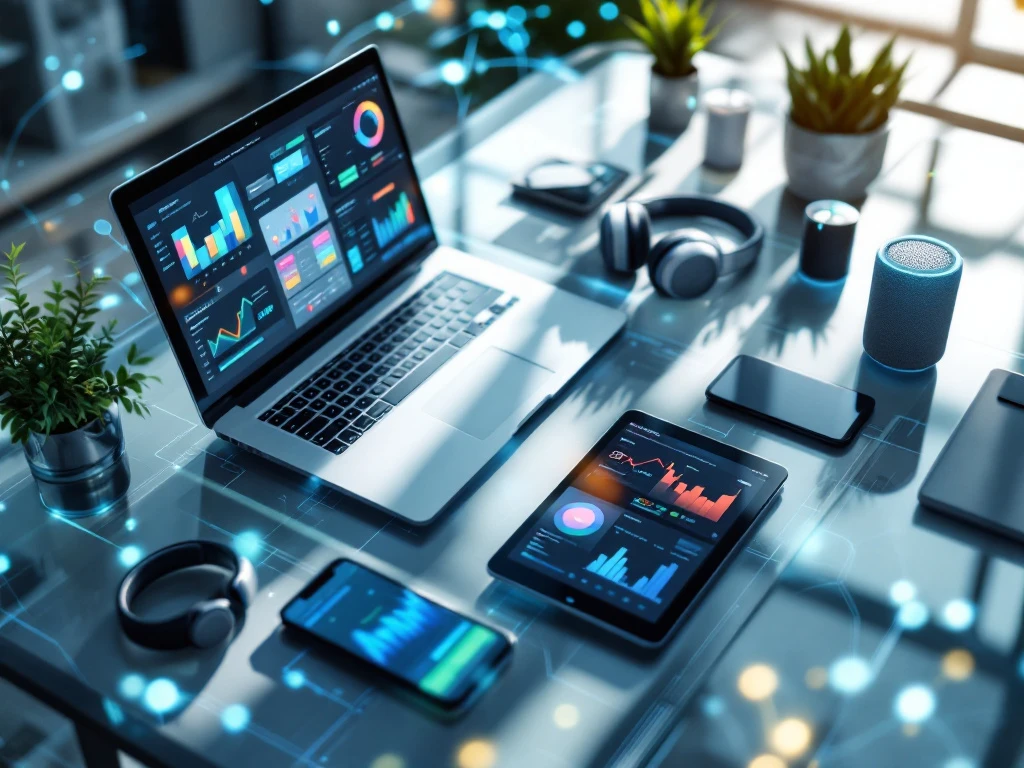 Modern glazen bureau met laptop, smartphones en tablets met klantenservice dashboards, verlicht door natuurlijk licht