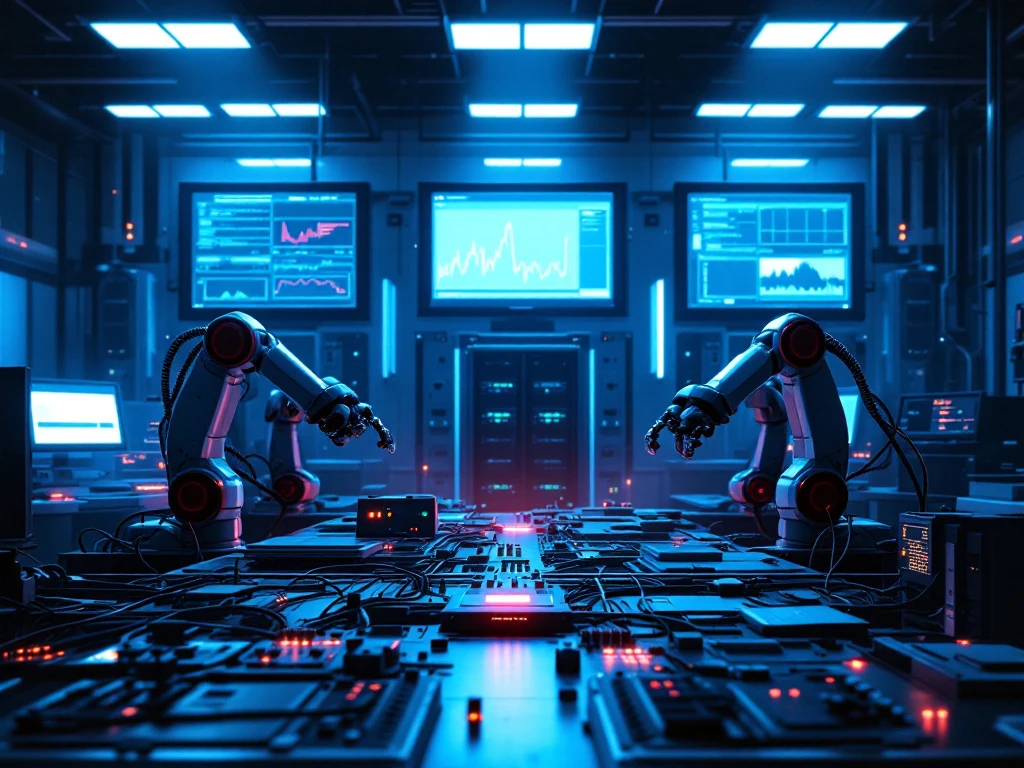 Industriële controlekamer in chaos na automatiseringsstoring, met foutmeldingen op schermen, bevroren robotarmen en rode waarschuwingslichten in blauw noodlicht.