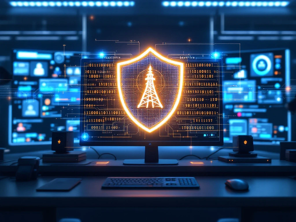 Beveiligde digitale controlekamer met klantenservice-interfaces en beveiligingsdashboards, gemarkeerd door een digitaal schild en geavanceerde authenticatiesystemen.