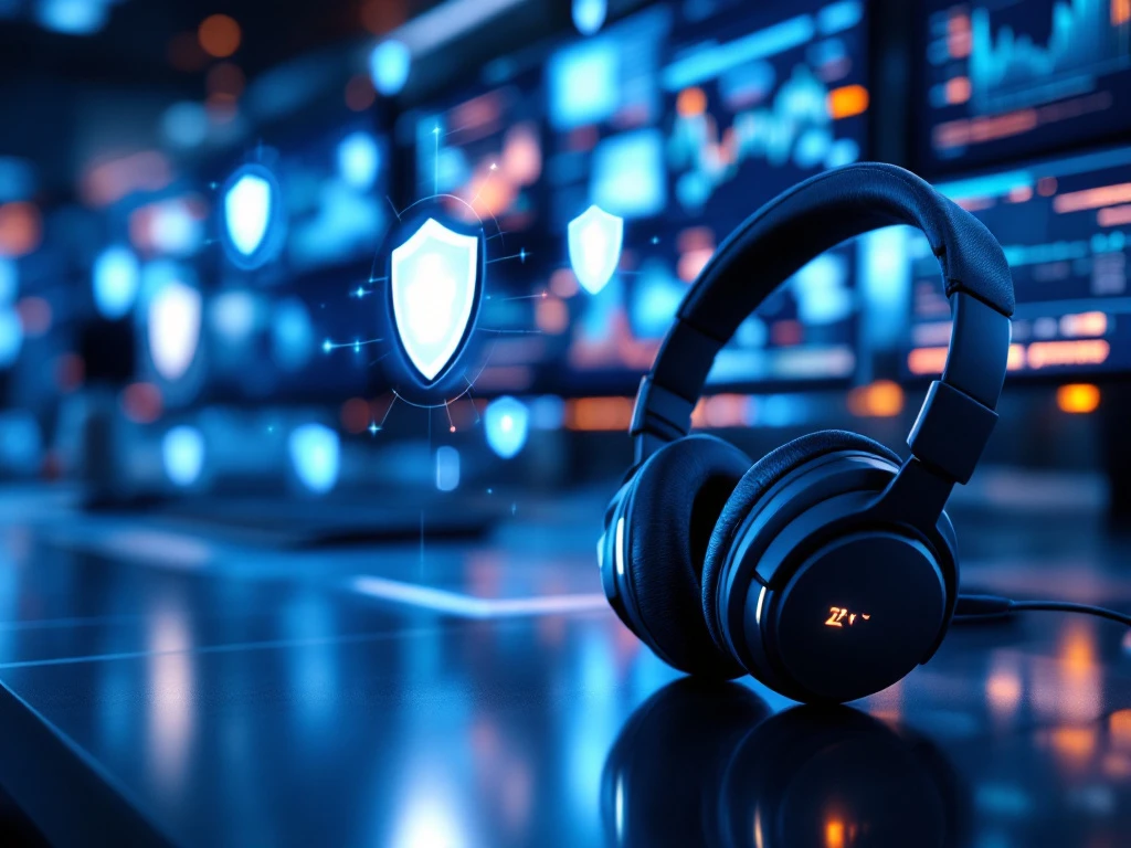 Beveiligingscentrum met gloeiende monitoren, headset en holografische schildiconen in blauw verlichte hightech omgeving