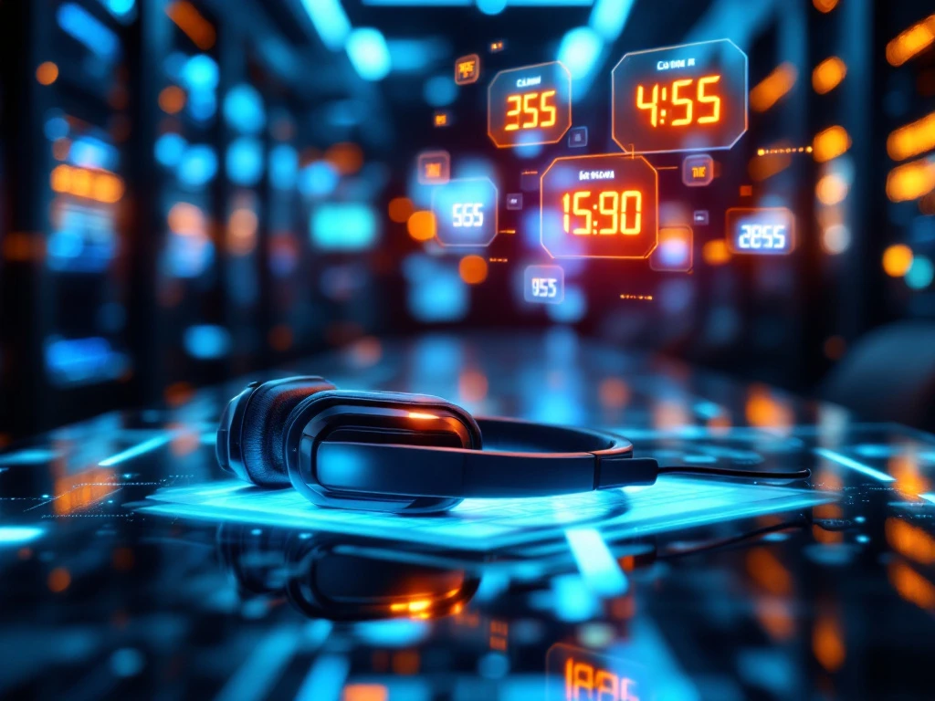 Moderne callcenter headset op glazen bureau met digitale wereldklokken en holografische kostenberekeningen in blauw-oranje licht