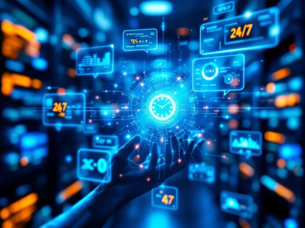 Futuristische chatbot hologram met blauwe lichtpulsen, omringd door zwevende gespreksbellen met wiskundige formules en data