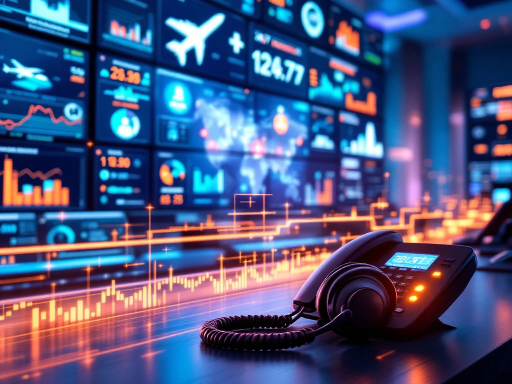 Geavanceerd 24/7 commandocentrum met schermen voor klantenservice, wereldtijdzones en industriesymbolen, verlicht in blauw-paarse tinten met oranje accenten.