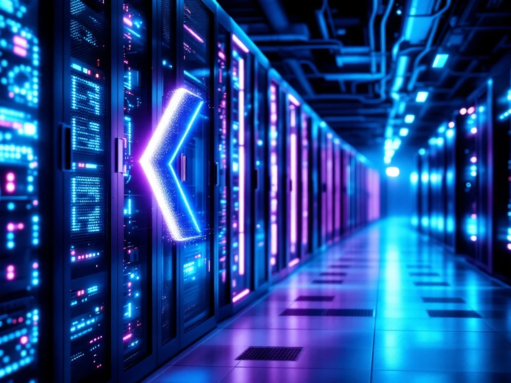 Geavanceerd datacenter met gloeiende serverracks, een zwevend digitaal continuïteitssymbool en pulserende glasvezelkabels in een high-tech omgeving met blauwe verlichting.