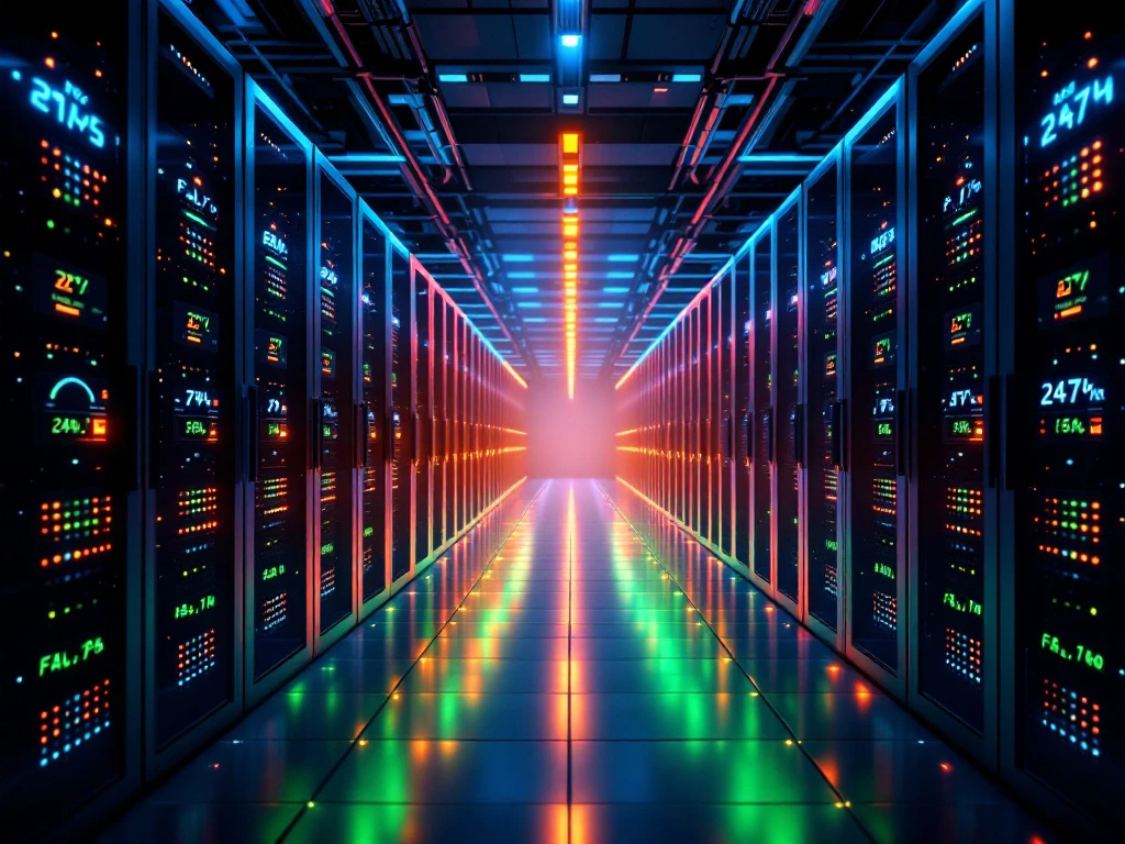 Geavanceerde serverruimte met redundante systemen in symmetrische opstelling, georganiseerde kabelnetwerken en monitoringschermen die 24/7 uptime en netwerkcontinuïteit tonen.