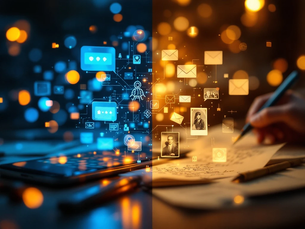 Smartphone met notificaties vloeit over in handgeschreven brieven, digitale en analoge communicatie verenigd in warm verlicht kantoor