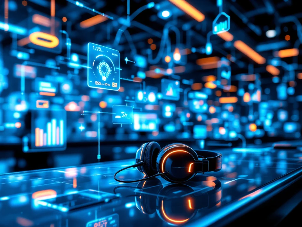Futuristisch callcenter met holografische interfaces, datastromen en glasvezelkabels in blauw-oranje verlichting