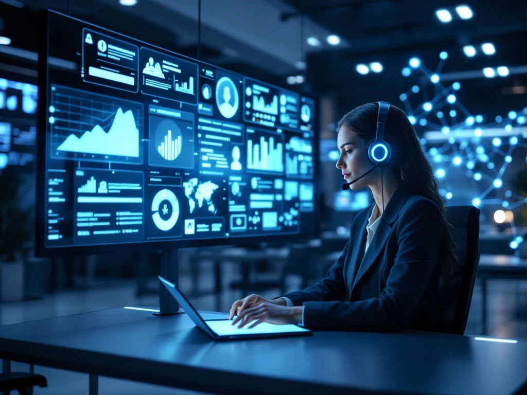 Modern klantenservicecentrum met blauwe digitale interfaces, transparante schermen met klantanalyses en een netwerk van verbonden knooppunten die digitale klantervaringen weergeven.