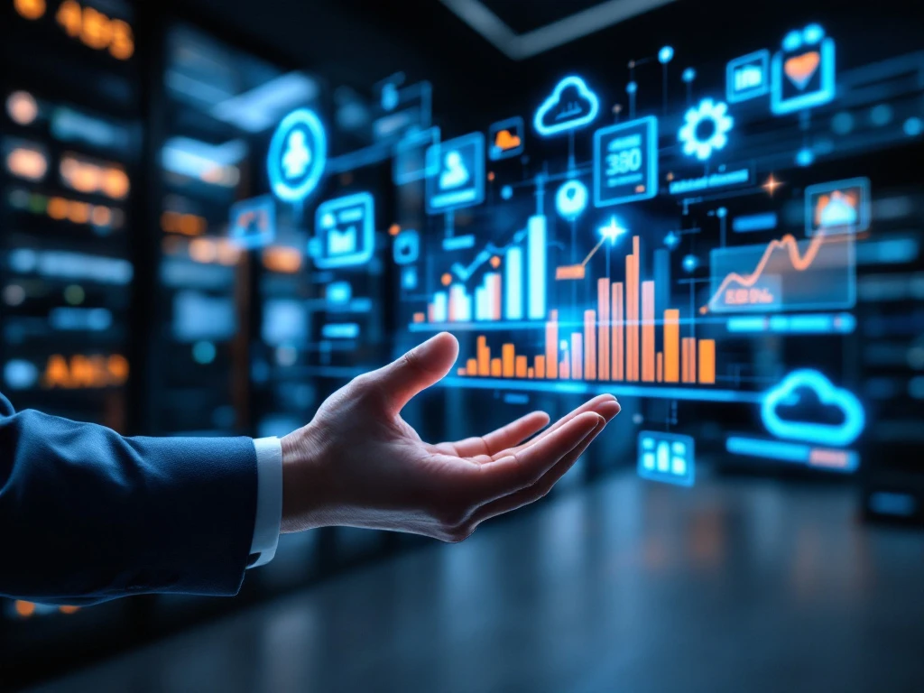 Modern klantenservicecentrum met holografische dataprojecties, digitale automatiseringsiconen en serverracks die telecommunicatie-innovatie en efficiëntie tonen.