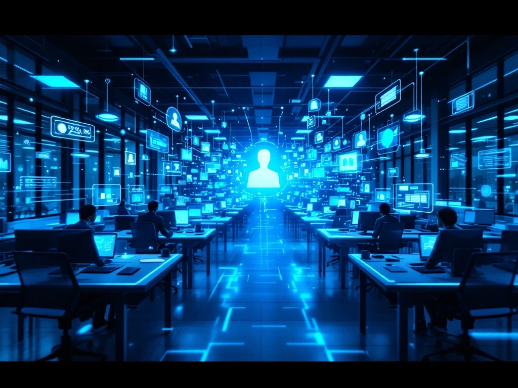 Futuristische transformatie van klantenservice waarbij traditionele papieren documenten overgaan naar digitale interfaces met holografische klantgegevens in een blauw-wit kantoor.