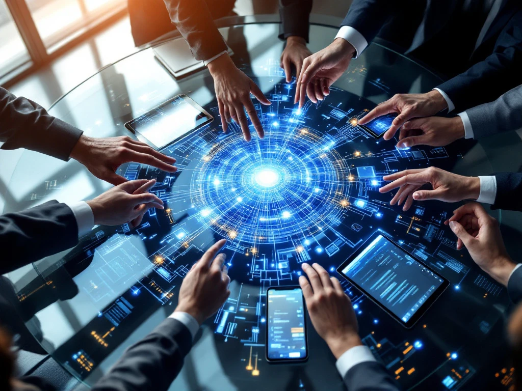 Handen reiken naar holografisch netwerk op glazen conferentietafel met tablets en smartphones in modern kantoor