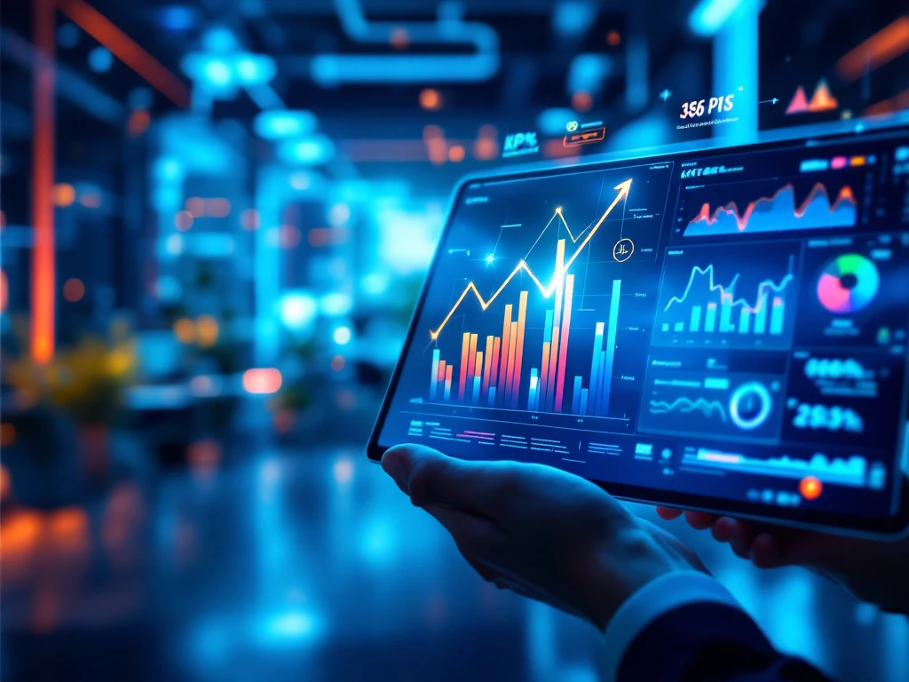 Modern digitaal dashboard met gloeiende KPI's voor bedrijfstransformatie, kleurrijke opwaartse grafieken en een hand met tablet in een futuristische telecomwerkomgeving.