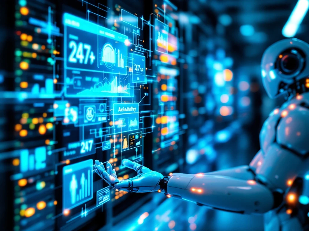 Futuristisch controlecentrum met holografische displays, glasvezelkabels en robotarm bij transparant touchscreen voor 24/7 service