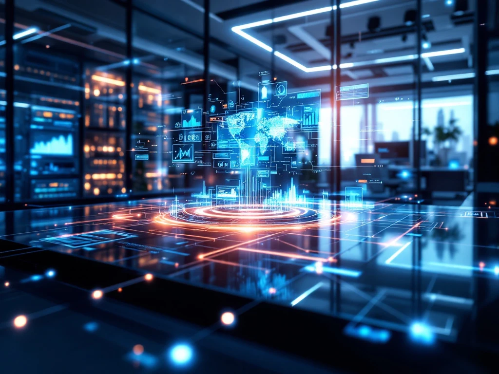 Futuristische kantoorruimte met holografische datavisualisaties, geïntegreerde slimme apparaten en een digitaal commandocentrum, verlicht met blauwe accenten en netwerklijnen.