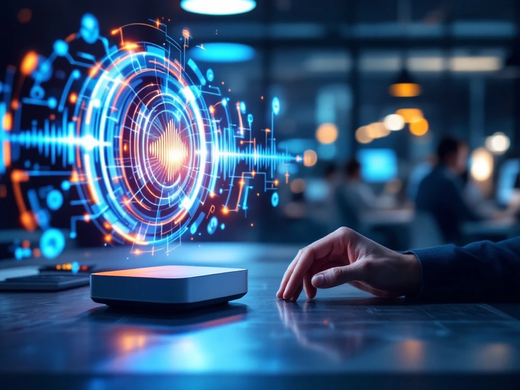 Futuristische zakelijke omgeving met persoon die interactie heeft met holografische spraakassistent, gevisualiseerd door blauwe en oranje geluidsgolven in een telecomkantoor.