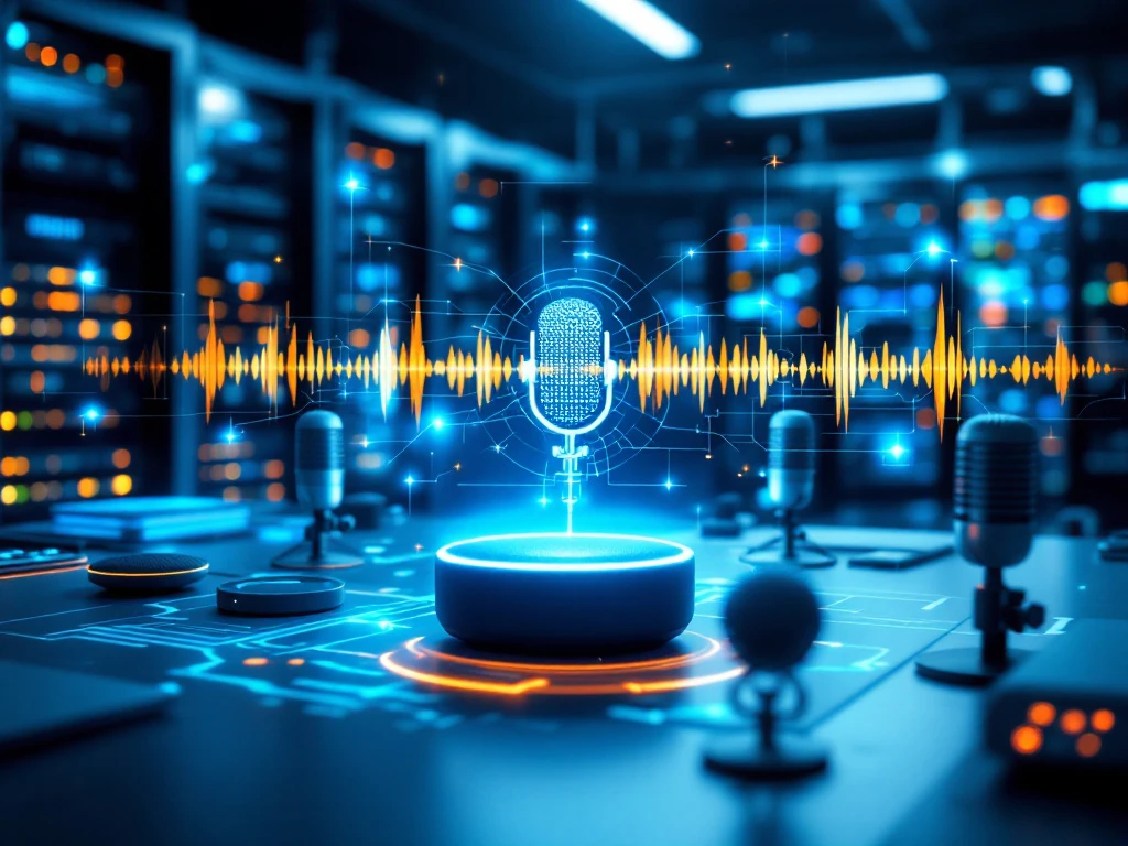 Futuristische werkplek met spraak-AI-technologie, holografische interfaces, microfoons en een slim luidsprekersysteem in een professionele omgeving met blauwe verlichting.