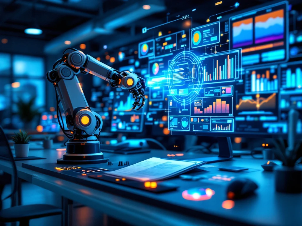 Futuristische werkplek met robotarm die documenten sorteert, holografische stroomdiagrammen en schermen met geautomatiseerde processen in een telecommunicatieomgeving.