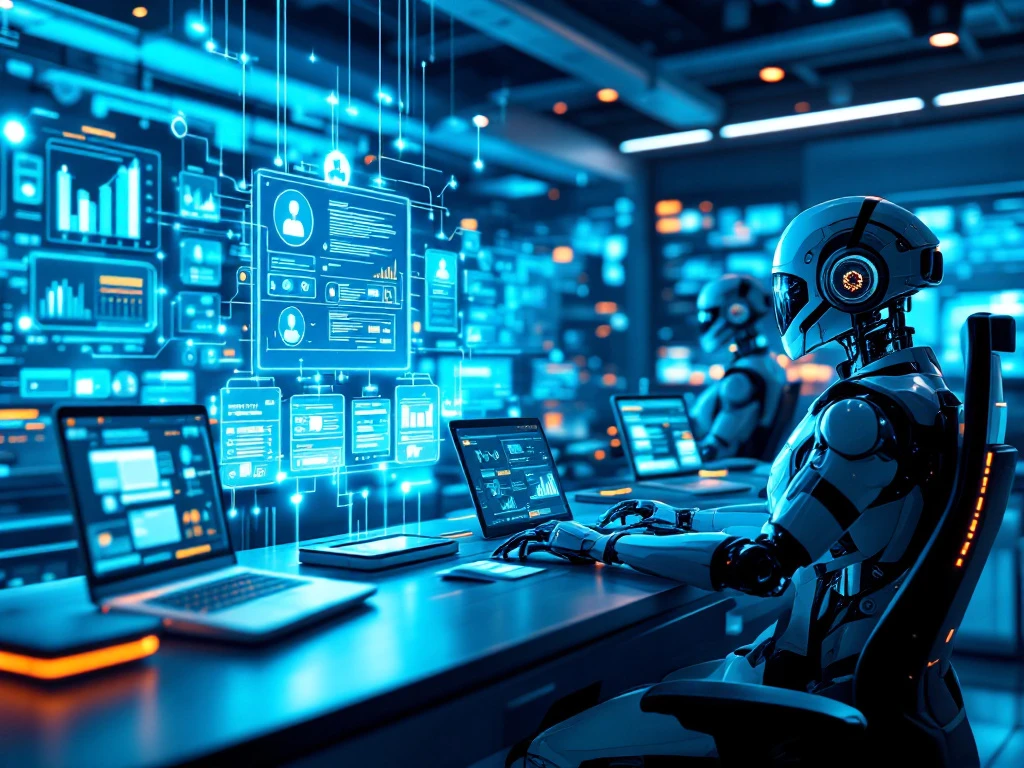 Futuristisch klantenservicecentrum met holografische interfaces, AI-technologie en robotassistenten verbonden door blauwe lichtlijnen in een high-tech omgeving.