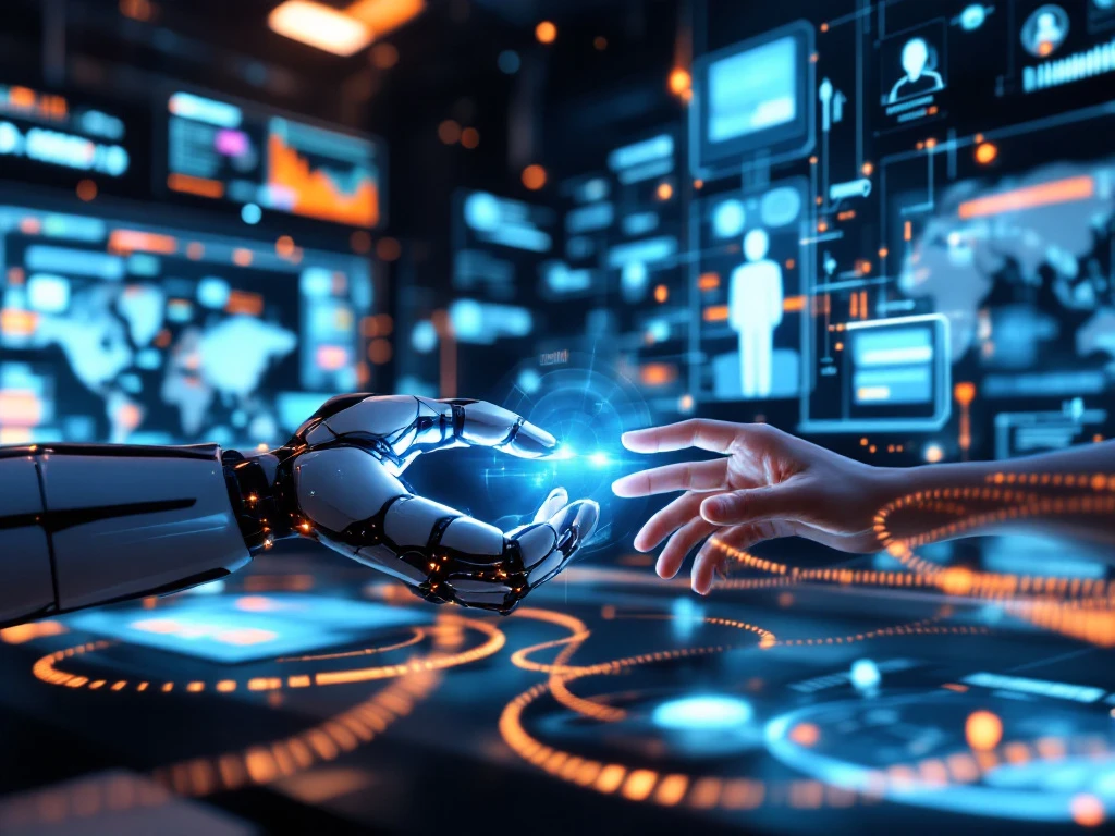 Futuristisch klantenservicecentrum met holografische schermen, waar robothand en mensenhand verbinden, omgeven door blauwe en oranje datastromen in een hightech omgeving.