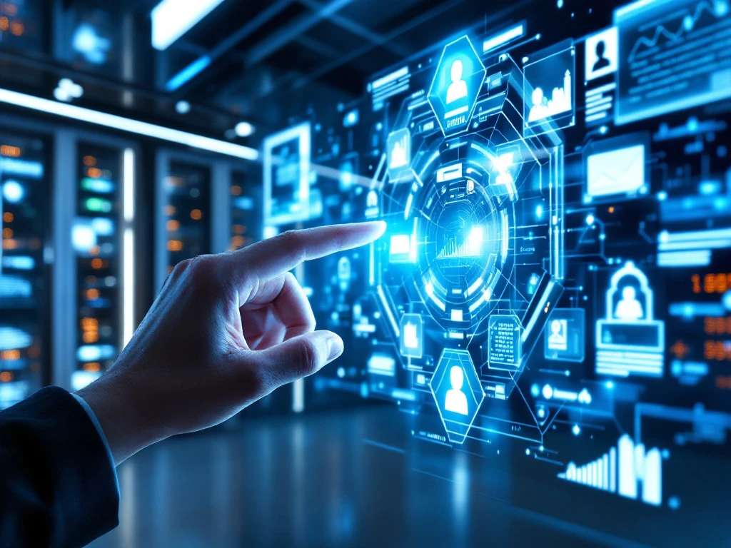 Futuristisch klantenservice commandocentrum met holografische schermen, data-analyse en een menselijke hand die een digitale transformatie-interface aanraakt tussen netwerkverbindingen.