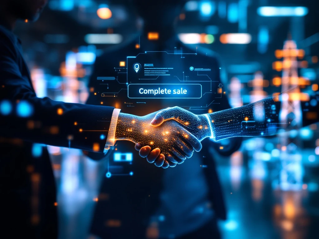 Futuristische klantenservice met holografische spraakbot waarbij een digitaal contract en 