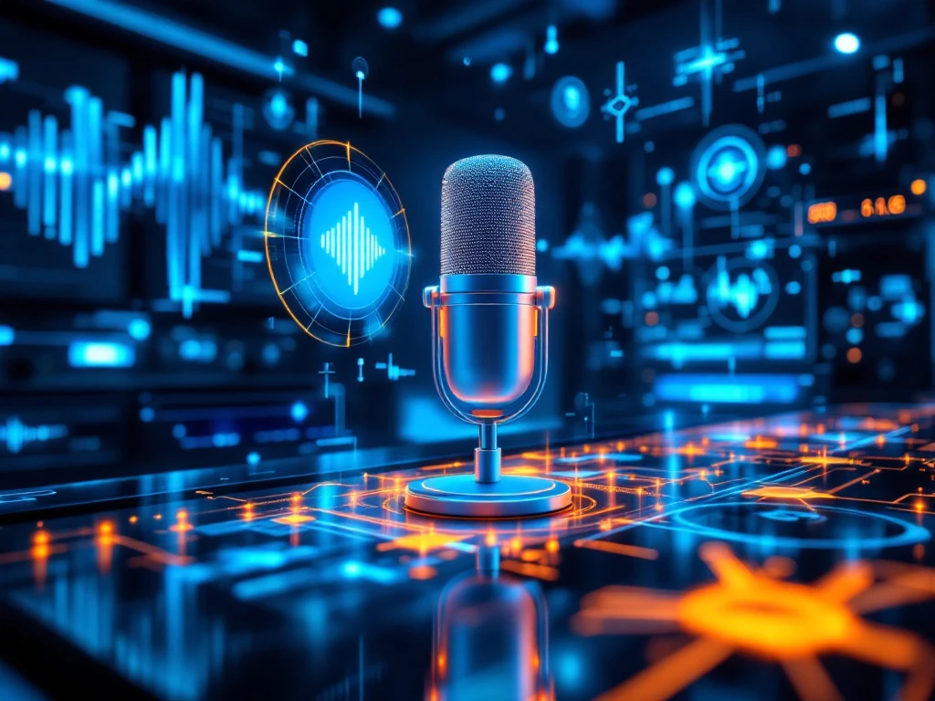 Futuristisch stemcommandocentrum met zwevende blauwe en oranje geluidsgolven, high-tech microfoon en holografische UI-elementen in professionele verlichting.