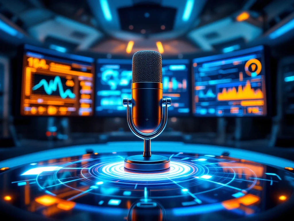 Futuristische controlekamer met stemherkenningstechnologie, datavisualisaties en Nederlandse AI-interfaces tegen een achtergrond van blauwe en oranje verlichting.